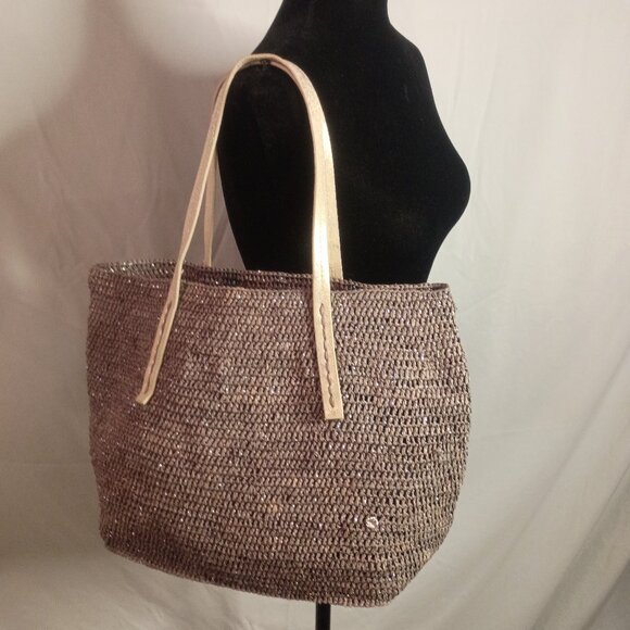 FLORA BELLA for ANTHROPOLOGIE Gray & Silver Woven Raffia Tote Bag - Picture 2 of 15